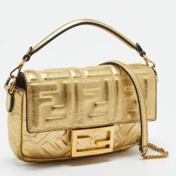 Pre Owned Fendi Gold Zucca Embossed Leather Mini Baguette Chain Bag