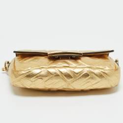 Pre Owned Fendi Gold Zucca Embossed Leather Mini Baguette Chain Bag