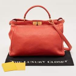 Pre Owned Fendi Coral Orange Selleria Leather Large Peekaboo Tote