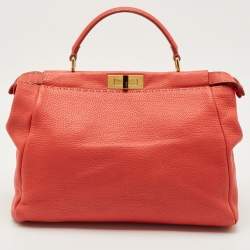 Pre Owned Fendi Coral Orange Selleria Leather Large Peekaboo Tote