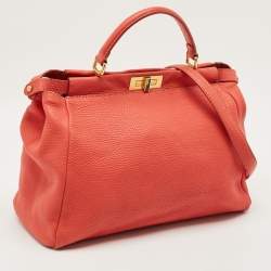 Pre Owned Fendi Coral Orange Selleria Leather Large Peekaboo Tote
