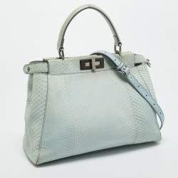 Pre Owned Fendi Light Blue Python Regular Peekaboo Top Handle Bag