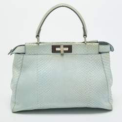 Pre Owned Fendi Light Blue Python Regular Peekaboo Top Handle Bag