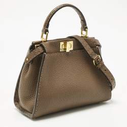 Pre Owned Fendi Brown Selleria Leather Mini Peekaboo Top Handle Bag