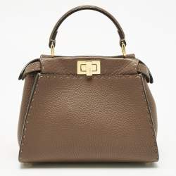 Pre Owned Fendi Brown Selleria Leather Mini Peekaboo Top Handle Bag
