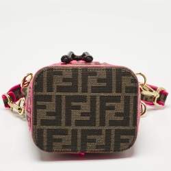 Pre Owned Fendi Neon Pink/Tobacco FF Canvas Mini Mon Tresor Drawstring Bucket Bag