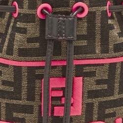 Pre Owned Fendi Neon Pink/Tobacco FF Canvas Mini Mon Tresor Drawstring Bucket Bag