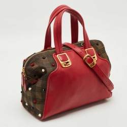 Pre Owned Fendi Red/Tobacco Leather and Fabric Small Studded Chameleon Satchel
