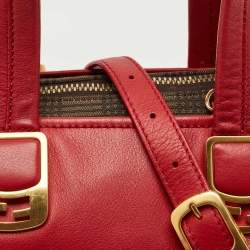 Pre Owned Fendi Red/Tobacco Leather and Fabric Small Studded Chameleon Satchel