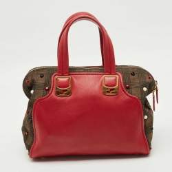 Pre Owned Fendi Red/Tobacco Leather and Fabric Small Studded Chameleon Satchel