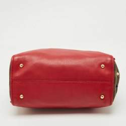 Pre Owned Fendi Red/Tobacco Leather and Fabric Small Studded Chameleon Satchel