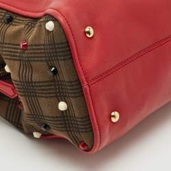 Pre Owned Fendi Red/Tobacco Leather and Fabric Small Studded Chameleon Satchel