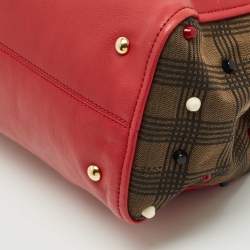 Pre Owned Fendi Red/Tobacco Leather and Fabric Small Studded Chameleon Satchel