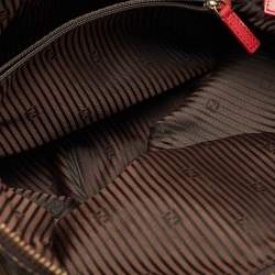 Pre Owned Fendi Red/Tobacco Leather and Fabric Small Studded Chameleon Satchel