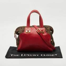 Pre Owned Fendi Red/Tobacco Leather and Fabric Small Studded Chameleon Satchel