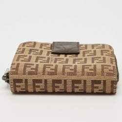 Pre Owned Fendi Beige/Brown Zucchino Canvas and Leather Compact Wallet