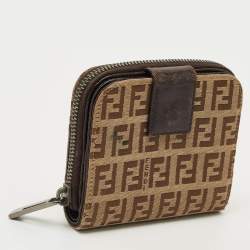 Pre Owned Fendi Beige/Brown Zucchino Canvas and Leather Compact Wallet