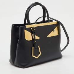 Pre Owned Fendi Black Leather Century Metal Monster Eyes Petite 2Jours Tote