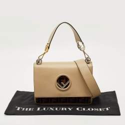 Pre Owned Fendi Beige/Brown Leather and FF Velvet Kan I F Logo Top Handle Bag