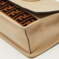Pre Owned Fendi Beige/Brown Leather and FF Velvet Kan I F Logo Top Handle Bag
