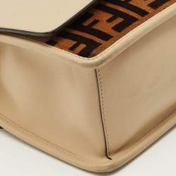 Pre Owned Fendi Beige/Brown Leather and FF Velvet Kan I F Logo Top Handle Bag