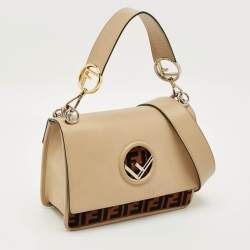 Pre Owned Fendi Beige/Brown Leather and FF Velvet Kan I F Logo Top Handle Bag