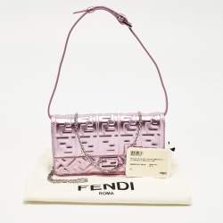 Pre Owned Fendi Metallic Pink Zucca Embossed Leather Baguette Wallet on Chain