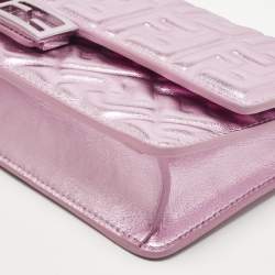 Pre Owned Fendi Metallic Pink Zucca Embossed Leather Baguette Wallet on Chain
