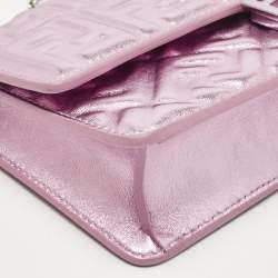 Pre Owned Fendi Metallic Pink Zucca Embossed Leather Baguette Wallet on Chain
