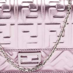 Pre Owned Fendi Metallic Pink Zucca Embossed Leather Baguette Wallet on Chain