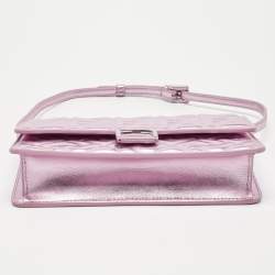 Pre Owned Fendi Metallic Pink Zucca Embossed Leather Baguette Wallet on Chain