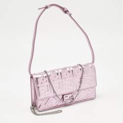 Pre Owned Fendi Metallic Pink Zucca Embossed Leather Baguette Wallet on Chain