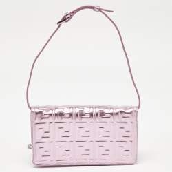 Pre Owned Fendi Metallic Pink Zucca Embossed Leather Baguette Wallet on Chain