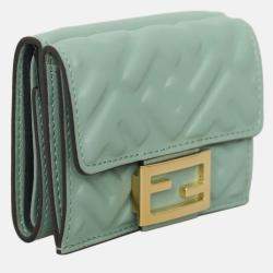 Pre Owned Fendi Baguette Micro Trifold Green Leather Wallet