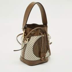 Pre Owned Fendi Brown/White Perforated Leather Mini Mon Tresor Bucket Bag
