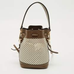 Pre Owned Fendi Brown/White Perforated Leather Mini Mon Tresor Bucket Bag