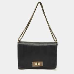 Pre Owned Fendi Black Stripe Embossed Leather Large Claudia Shoulder Bag