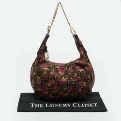Pre Owned Fendi Tobacco/Red Zucca Canvas and Leather Rose Print Chef Chain Hobo