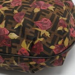Pre Owned Fendi Tobacco/Red Zucca Canvas and Leather Rose Print Chef Chain Hobo