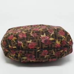 Pre Owned Fendi Tobacco/Red Zucca Canvas and Leather Rose Print Chef Chain Hobo