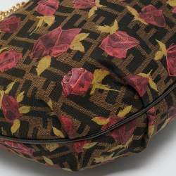Pre Owned Fendi Tobacco/Red Zucca Canvas and Leather Rose Print Chef Chain Hobo