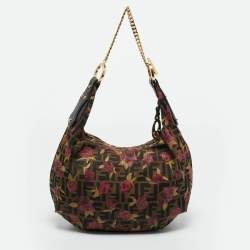 Pre Owned Fendi Tobacco/Red Zucca Canvas and Leather Rose Print Chef Chain Hobo