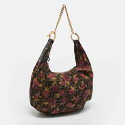 Pre Owned Fendi Tobacco/Red Zucca Canvas and Leather Rose Print Chef Chain Hobo