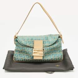 Pre Owned Fendi Metallic Blue/Beige Zucchino Canvas Double Flap Baguette Bag
