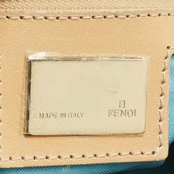 Pre Owned Fendi Metallic Blue/Beige Zucchino Canvas Double Flap Baguette Bag