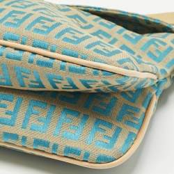 Pre Owned Fendi Metallic Blue/Beige Zucchino Canvas Double Flap Baguette Bag
