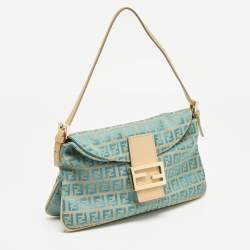 Pre Owned Fendi Metallic Blue/Beige Zucchino Canvas Double Flap Baguette Bag