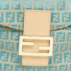 Pre Owned Fendi Metallic Blue/Beige Zucchino Canvas Double Flap Baguette Bag