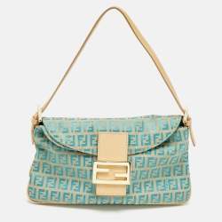 Pre Owned Fendi Metallic Blue/Beige Zucchino Canvas Double Flap Baguette Bag