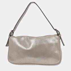 Pre Owned Fendi Metallic Silver Leather Baguette Handbag